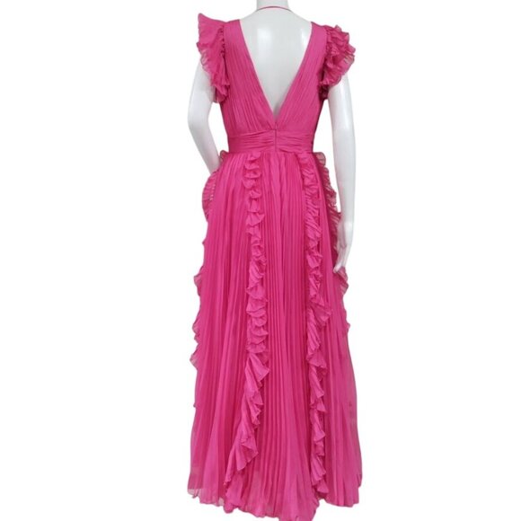 Mac Duggal Pink Ruffled Maxi Dress Flowy Pleated Deep V-Neck Evening Gown Size 4 - Picture 4 of 16